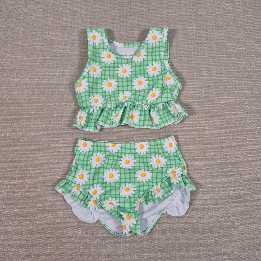 Green Gingham Daisy Ruffle Tankini Swimsuit Set 3-4Y